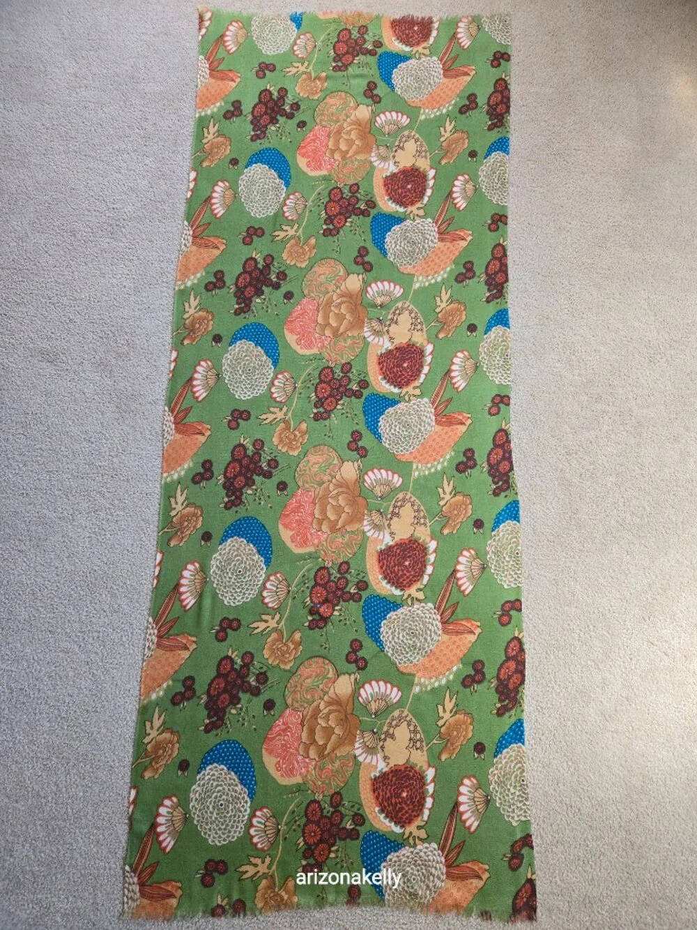 J. Peterman Scarf Wool/Silk Blend Botanical Flowers Green